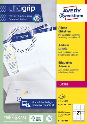 [817356] Etiket Avery L7160-250 63.5x38.1mm wit 5250 etiketten