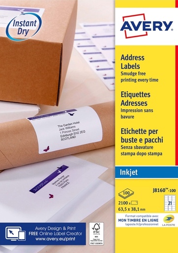 [817218] Etiket Avery J8160-100 63.5x38.1mm wit 2100 etiketten