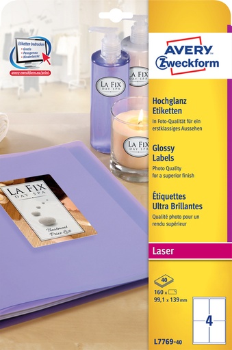 [811141] Etiket Avery Zweckform L7769-40 99.1x139mm hoogglans wit 160stuks