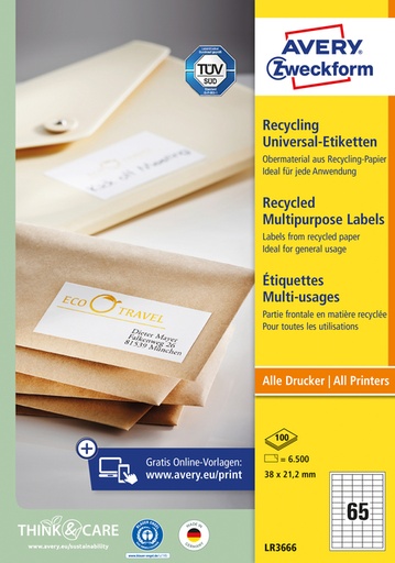 [811017] Etiquette Avery LR3666 38x21,2mm recyclé blanc 6500 pcs