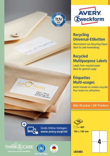 [811015] Etiquette Avery LR3483 105x148mm A6 recyclé blanc 400 pièces