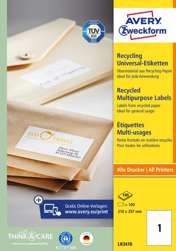 [811040] Etiquette Avery Zweckform LR3478 210x297mm A4 recyclé blanc 100 pièces