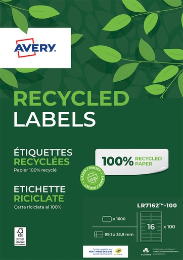 [811022] Etiquette Avery LR7162-100 99,1x33,9mm recyclé blanc 1600 pièces
