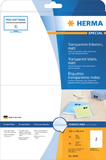 [810983] Etiquette HERMA 4683 210x148mm transparent mat 50 pièces