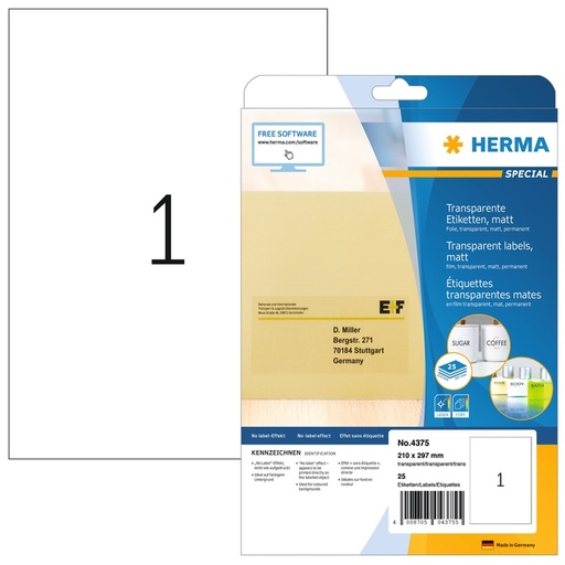 [817139] Etiquette HERMA 4375 210x297mm A4 transparent 25 pièces