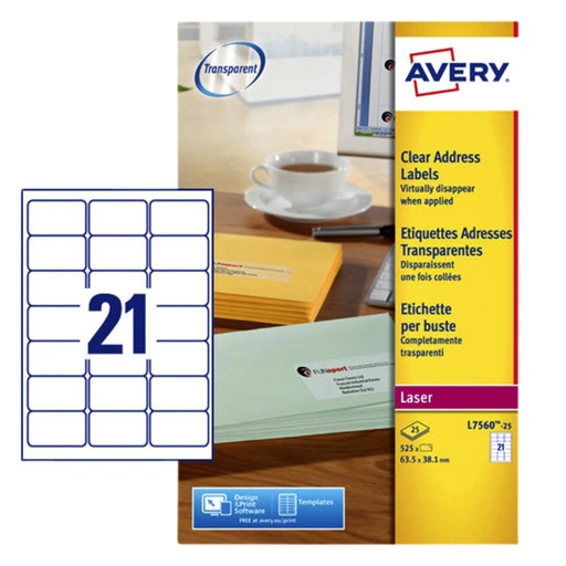 [817458] Etiquette Avery L7560-25 63,5x38,1mm transparent 525 pièces