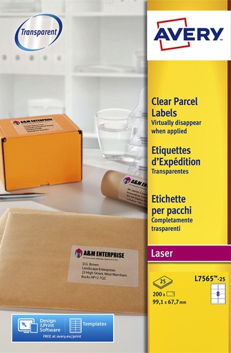[817278] Etiquette Avery L7565-25 99,1x67,7mm transparent 200 pièces