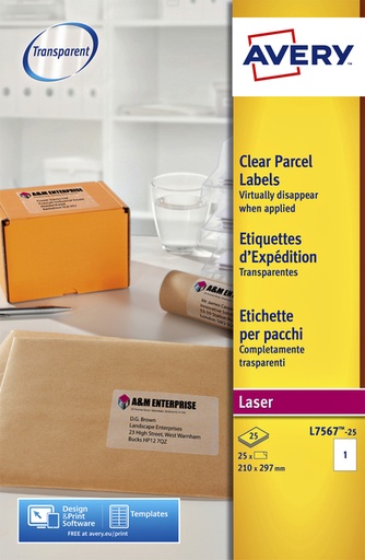 [817699] Etiket Avery L7567-25 210x297mm transparant 25stuks