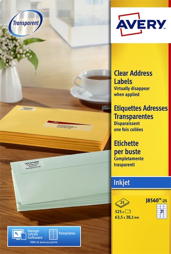 [817246] Etiquette Avery J8560-25 63,5x38,1mm transparent 525 pièces