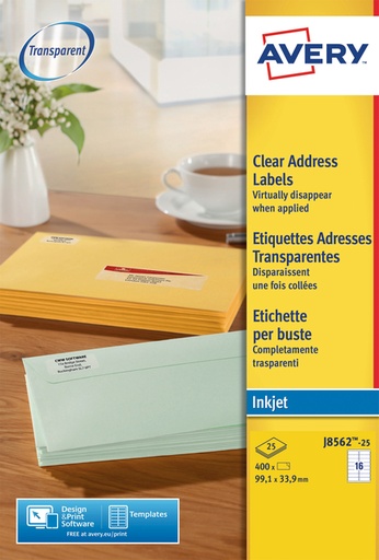 [817249] Etiquette Avery J8562-25 99,1x33,9mm transparent 400 pièces