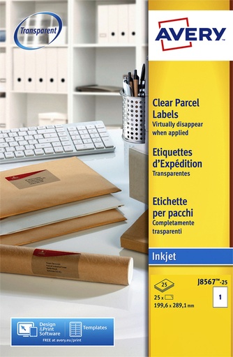 [817391] Etiquette Avery J8567-25 210x297mm A4 transparent 25 pièces