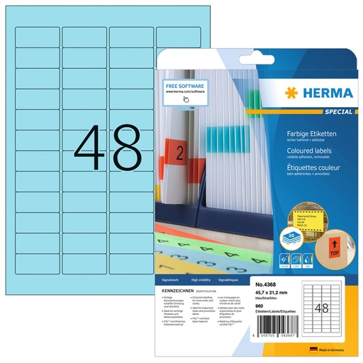[816803] Etiquette HERMA 4368 45,7x21,2mm amovible bleu 960 pièces