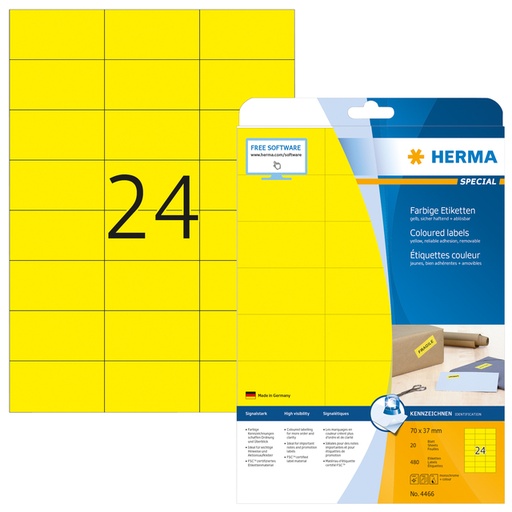 [817475] Etiket HERMA 4466 70x37mm verwijderbaar geel 480stuks