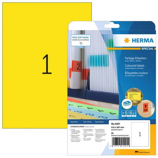 [817465] Etiquette amovible HERMA 4421 210x297mm A4 jaune 20 pièces