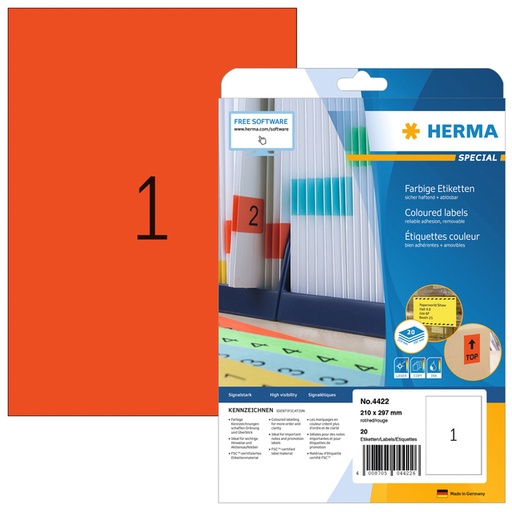 [817462] Etiquette amovible HERMA 4422 210x297mm A4 rouge 20 pièces