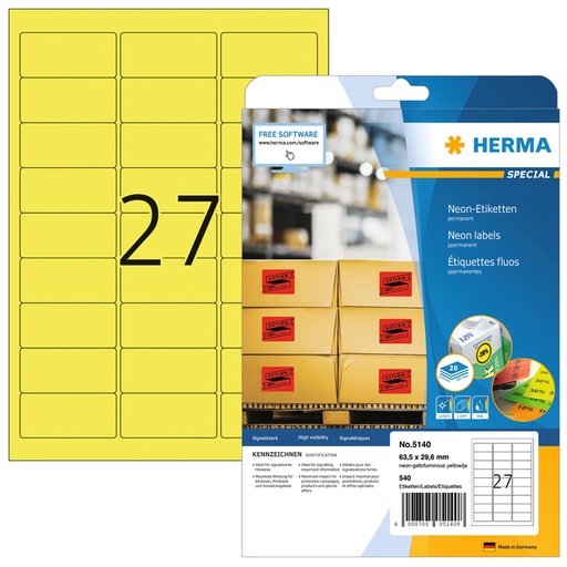 [817082] Etiquette HERMA 5140 63,5x29,6mm jaune fluo 540 pièces