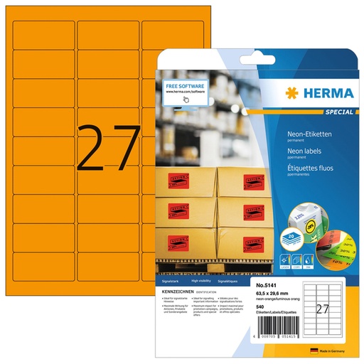 [817083] Etiket HERMA 5141 63.5x29.6mm neon oranje 540 etiketten
