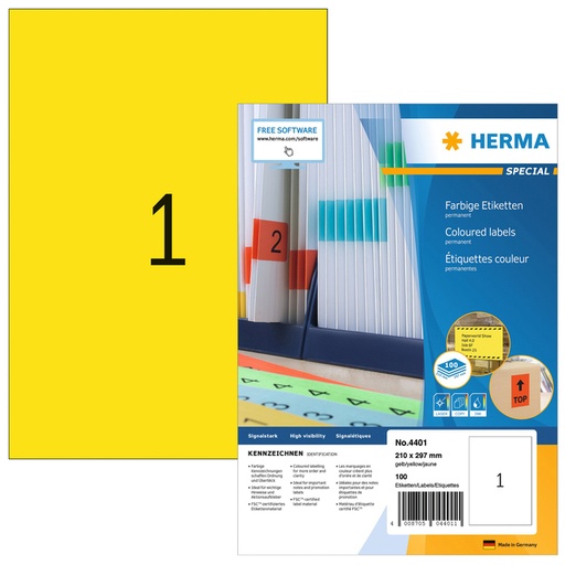 [817741] Etiket HERMA 4401 210x297mm A4 geel 100stuks
