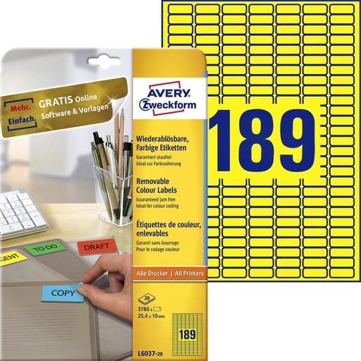 [811144] Etiket Avery L6037-20 25.4x10mm geel 3780 stuks