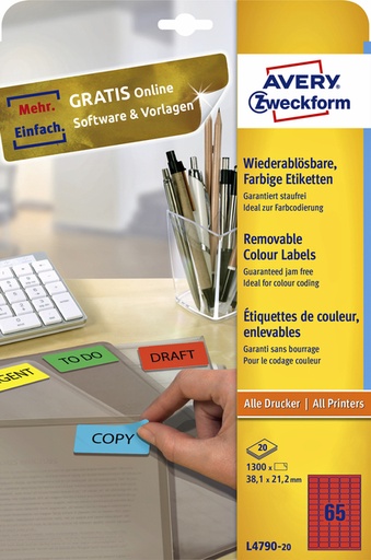 [811027] Etiket Avery Zweckform L4790-20 38.1x21.2mm rood 1300stuks