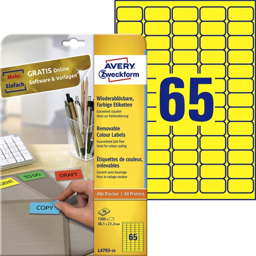 [811028] Etiket Avery Zweckform L4793-20 38.1x21.2mm geel 1300 etiketten