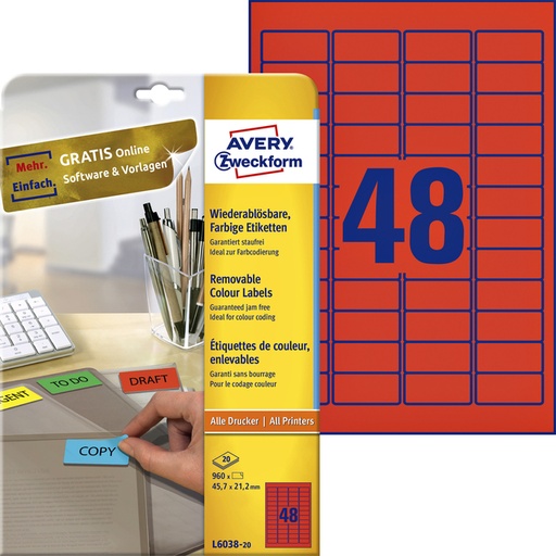 [817510] Etiquette Avery L6038-20 45,7x21,2mm rouge 960 pièces