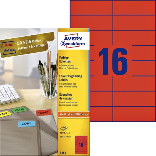 [817548] Etiket Avery Zweckform 3452 105x37mm rood 1600stuks