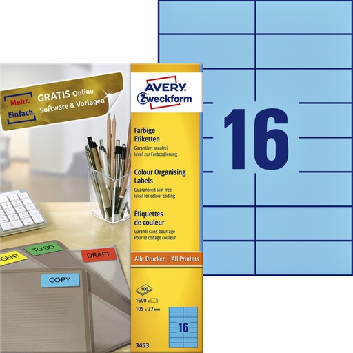 [817547] Etiket Avery 3453 105x37mm blauw 1600 stuks
