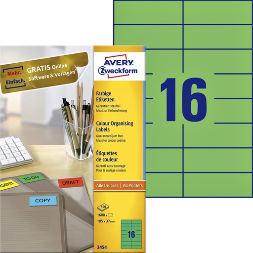 [817545] Etiket Avery Zweckform 3454 105x37mm groen 1600stuks