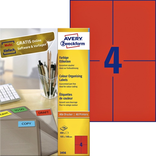 [817543] Etiket Avery Zweckform 3456 105x148mm A6 rood 400stuks
