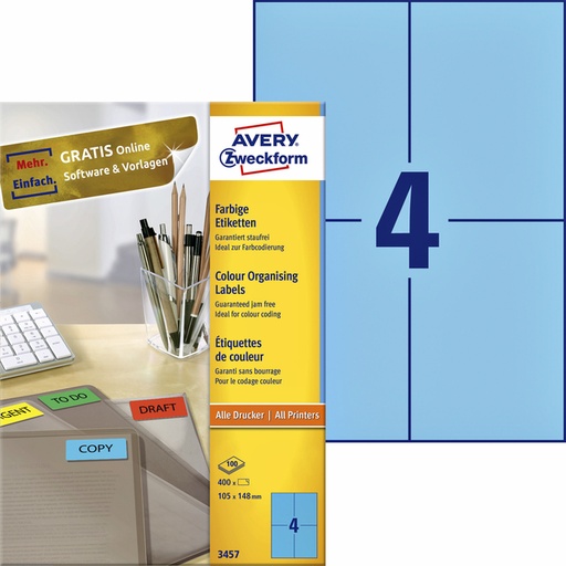 [817542] Etiquette Avery 3457 105x148mm A6 bleu 400 pièces