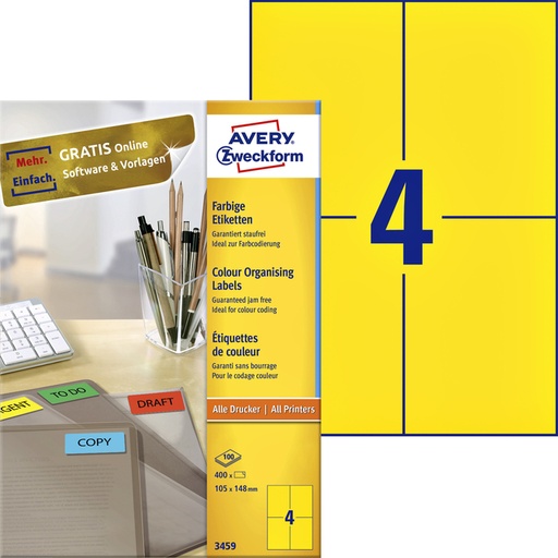 [817540] Etiket Avery 3459 105x148mm A6 geel 400 stuks