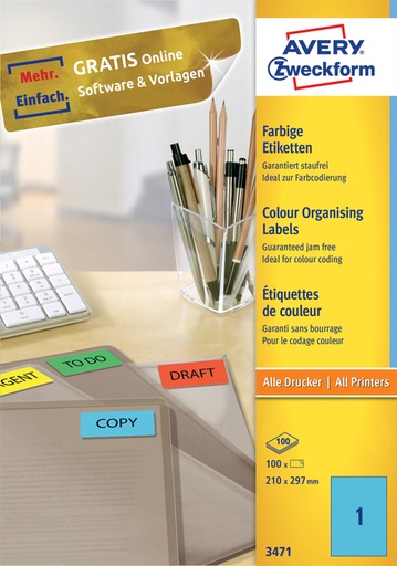 [811044] Etiquette Avery Zweckform 3471 210x297mm A4 bleu 100 pièces