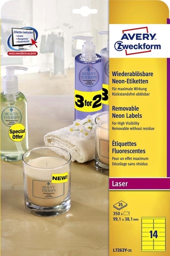[817688] Etiquette Avery L7263Y-25 99,1x38,1mm jaune néon 350 pièces