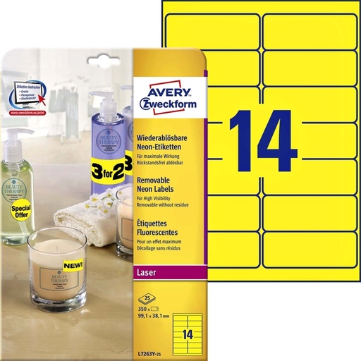 [817687] Etiket Avery L7263Y-100 99.1x38.1mm neon geel 1400 stuks