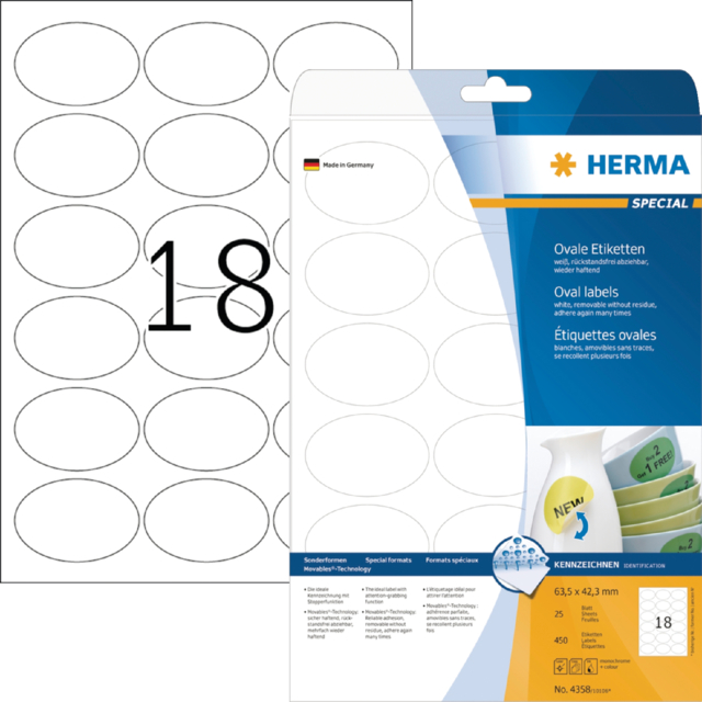 Etiquette amovible HERMA 4358 63,5x42,3mm ovale 450 pièces