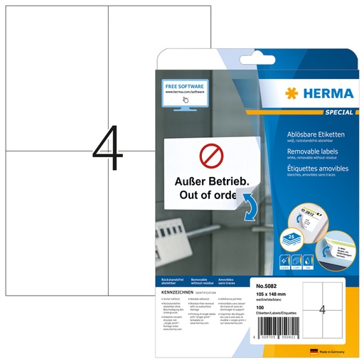[817113] Etiquette amovible HERMA 5082 105x148mm A6 blanc 100 pièces
