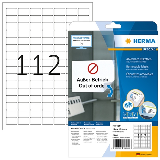 [817061] Etiquette amovible HERMA 4211 25,4x16,9mm blanc 2800 pièces