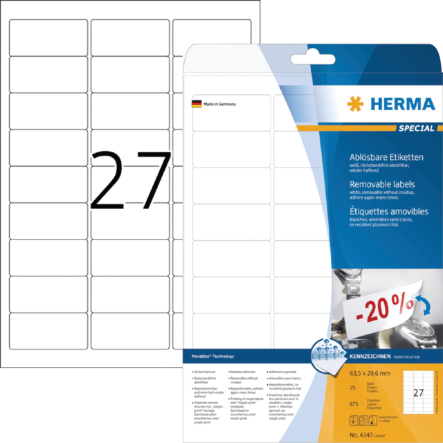 Etiket HERMA 4347 63.5x29.6mm verwijderbaar wit 675stuks