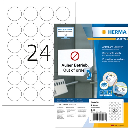 [810987] Etiquette amovible HERMA 4476 40mm blanc 2400 étiquettes