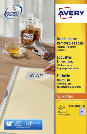 [817066] Etiquette Avery amovible L4732REV-25 35,6x16,9mm 2000 pièces