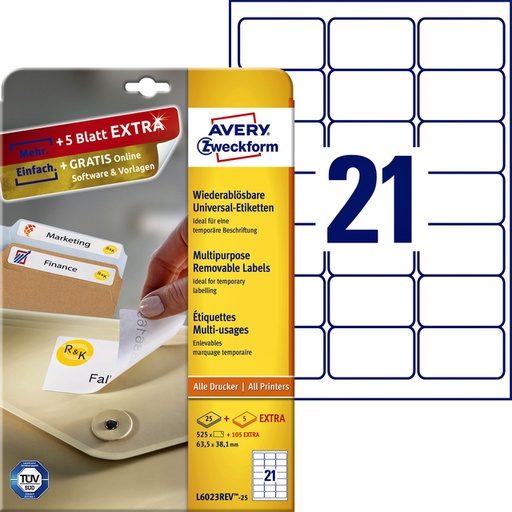 [817512] Etiquette Avery L6023REV-25 63,5x38,1mm amovible blanc 525 pcs
