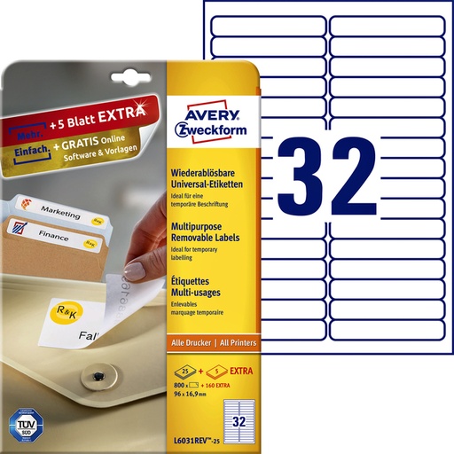 [811142] Etiket Avery Zweckform L6031REV-25 96x16.9mm afneembaar wit 800stuks