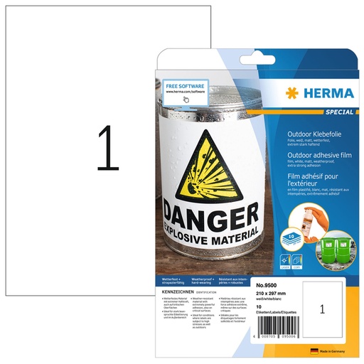 [810912] Etiquette HERMA 9500 210x297mm résistante intempéries blanc 10 pièces
