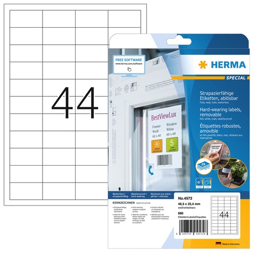 [810989] Etiket HERMA 4572 48.3x25.4mm folie wit 880 etiketten