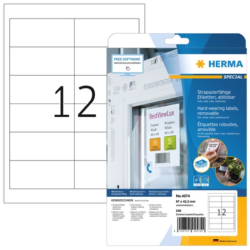 [810991] Etiket HERMA 4574 97X42.3mm folie wit 240 etiketten