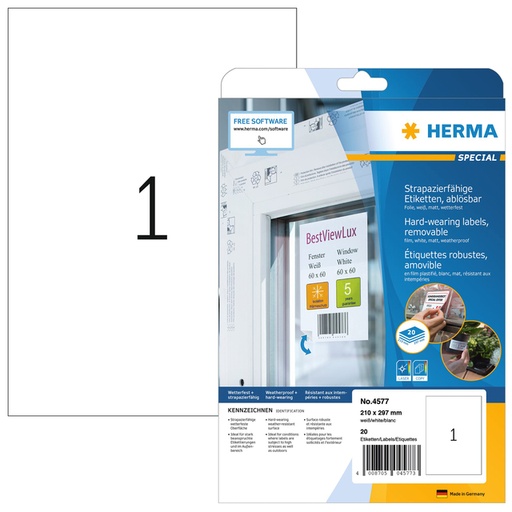 [810994] Etiquette HERMA 4577 210x297mm film blanc 20 pièces