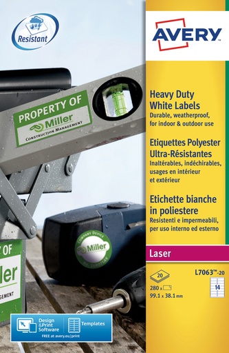 [811140] Etiquette Avery L7063-20 99,1x38,1mm polyester blanc 280 pièces
