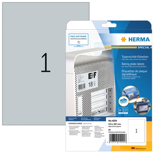 [810942] Etiquette HERMA 4224 210x297mm résiste intempéries argent 25 pièces
