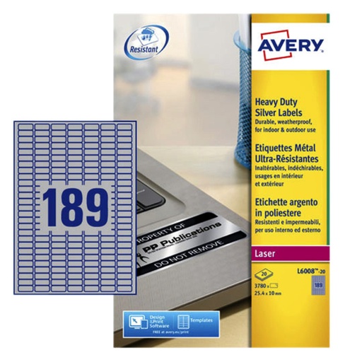 [817518] Etiket Avery L6008-20 25.4x10mm zilver 3780 etiketten